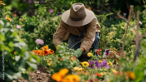 A gardener wearing gloves and a sunhat, carefully placing colorful flowers into the soil in a lush garden
