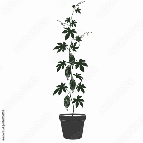 Detailed Silhouette of a Bitter Melon Plant in a Decorative Pot.