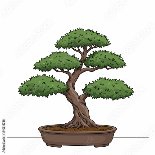 Cartoon Bonsai Tree with Dense Green Foliage and Twisted Trunk in Brown Pot