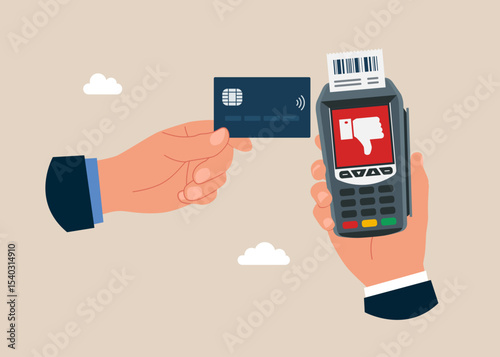 Hand with credit card. Dataphone with a thumb down hand. Technology for business. POS terminal  no confirms the payment made through mobile phone. Flat vector illustration