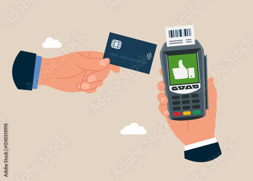Hand with credit card. Dataphone with a thumb up hand. Technology for business. POS terminal confirms the payment made through mobile phone. Vector illustration