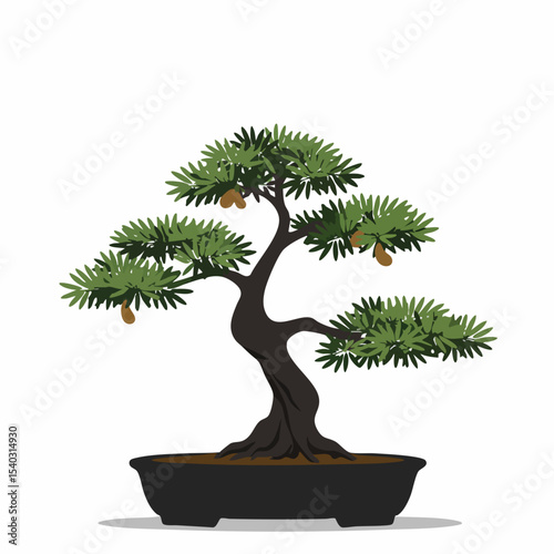 Serene Bonsai Tree with Lush Green Foliage and Brown Cones