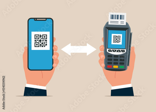 Cashless payment terminal. Pay credit card. Card reader device printing paper bills. Finance paying processing. Flat vector illustration