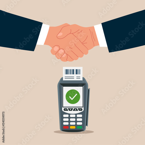 Handshake welcome and introduce new POS terminal.  Dataphone electronic payment system. Vector illustration. 