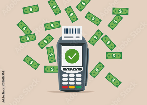 Dataphone electronic payment system and dollar money. Flat vector illustration