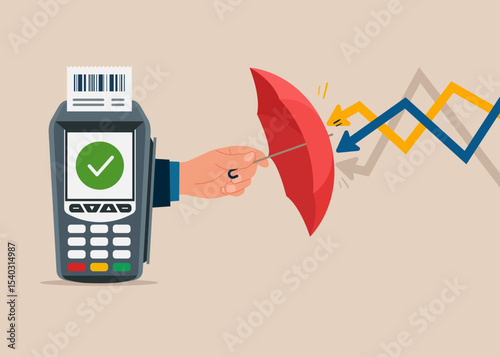 Umbrella to cover and protect from downturn arrow. Protect the Dataphone electronic payment system. Fight against the virus. Flat vector illustration