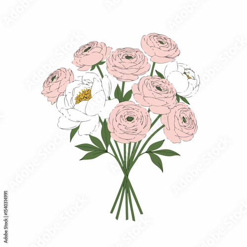 Delicate Bouquet of Pink Ranunculus and White Peonies with Green Stems