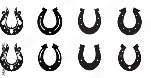 Horseshoe Icons A Collection of Eight Unique Black and White Horseshoe Designs for Your Projects. Perfect for logos, websites, or any design needing a touch of luck and tradition.