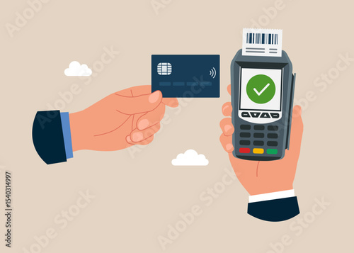 Pay credit card. Payment edc electronic data capture transaction point of sales pos. Technology for business. POS terminal confirms the payment made through mobile phone. Flat vector illustration