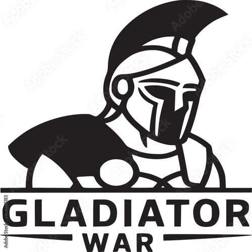 A stylized graphic of a gladiator wearing a helmet and armor with gladiator war text below it