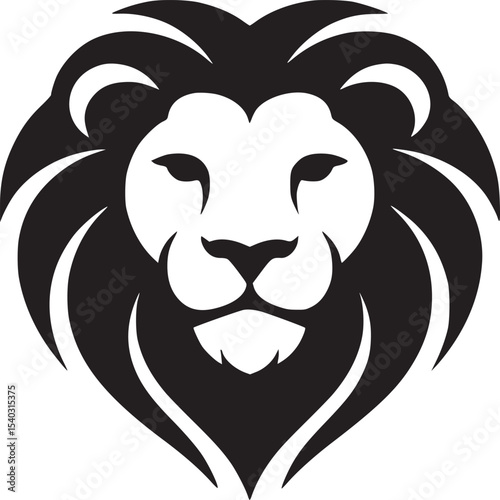 A stylized black and white illustration of a lion head with a thick mane on a white background