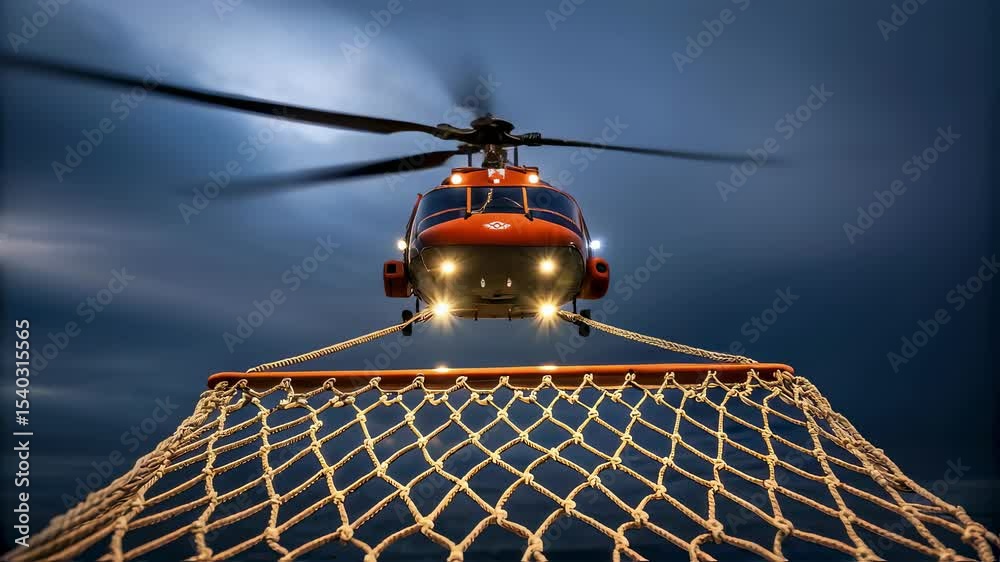 A medium closeup showing a rescue net dangling from a helicopter with blades spinning overhead illuminating the highstakes operation in progress.