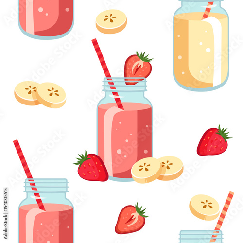 Seamless pattern with strawberry and banana smoothies in mason jars – cute fruity summer drink vector for kids fabric, party decor, seasonal packaging, holiday designs, textile prints,and food project