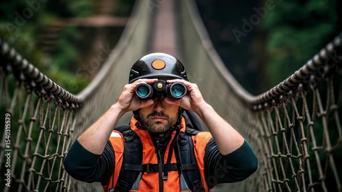 A medium closeup showing a rescue team member looking through binoculars from the emergency rope bridge with canyon vegetation framing their focused gaze and cues of urgency in