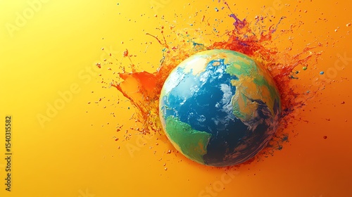 A vibrant Earth globe splashes with colorful paint against a bright yellow background, symbolizing creativity and environmental awareness.
