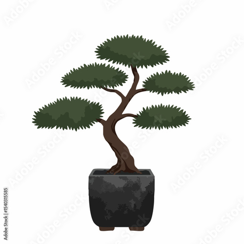 Stylized Bonsai Tree with Dark Green Foliage in a Textured Square Pot