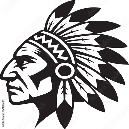 Illustration of a native american chief in profile wearing a feathered headdress on white background