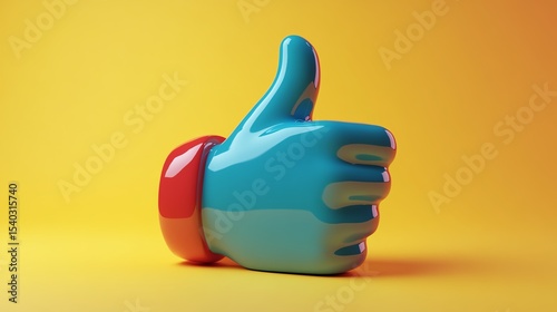 A glossy, blue 3D thumbs-up hand with a red wristband on a yellow background.
