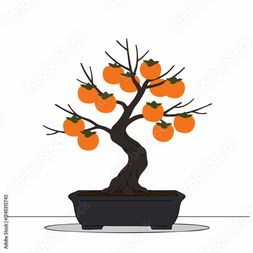 Artistic Bonsai Tree Laden with Ripe Persimmons in a Black Pot