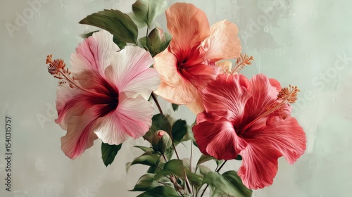 Vibrant Hibiscus Flowers in Shades of Red and Pink on Green Background