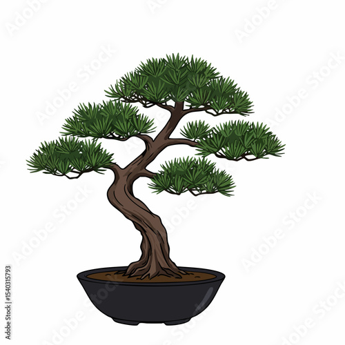 Stylized Bonsai Tree with Dark Green Foliage and Curving Trunk in Black Pot