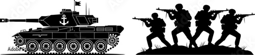 Military tank and soldiers silhouette vector illustration army war combat troops battle concept graphic design editable stock vector illustration