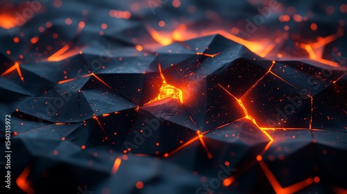 Dark polygonal surface with glowing red lava cracks creating a striking volcanic or molten rock effect.