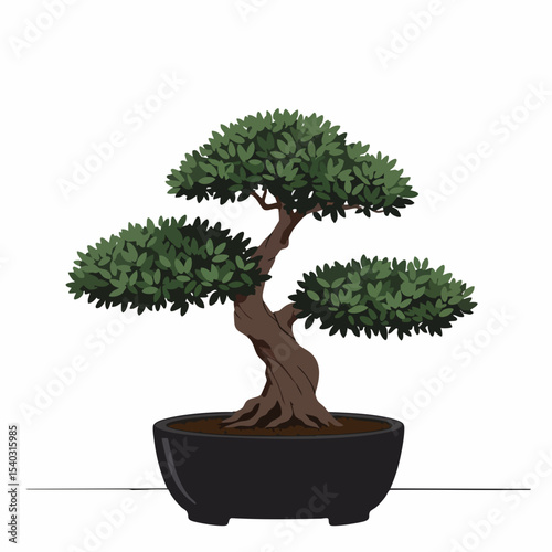 Artistic Bonsai Tree with Lush Green Foliage in Black Pot.