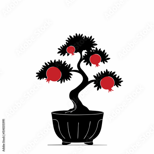 Stylized Bonsai Tree with Red Pomegranates in a Black Pot.