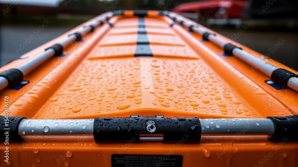 An angled closeup of a rescue platform focusing on the reinforced seams and durable material with water droplets clinging to its sides indicating its readiness for action.