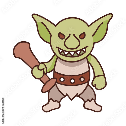 Cartoon goblin holding a club and looking fierce in a playful style  