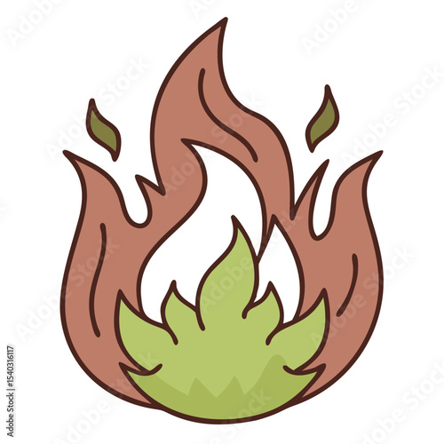 Stylized flame graphic with green and brown elements  