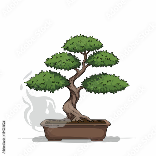 Serene Bonsai Tree with Gentle Smoke, Hand-Drawn Style