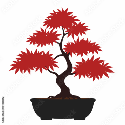 Stylized Red Leaf Bonsai Tree in Black Pot with Visible Roots