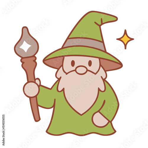 Cartoon wizard character holding a magic staff with sparkle effect  