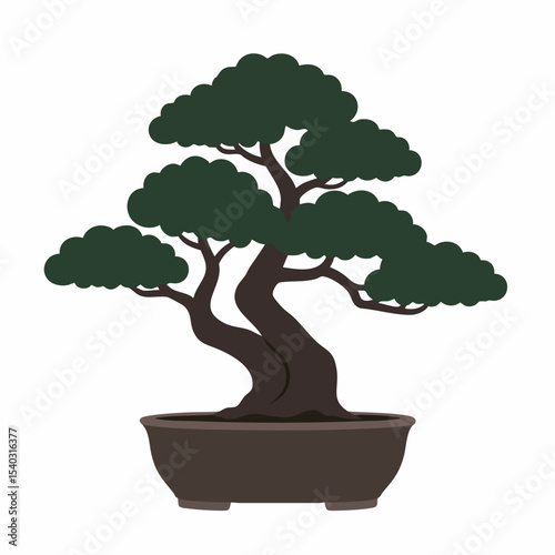 Stylized Bonsai Tree with Dark Green Foliage and Curving Trunk in Brown Pot