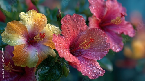 Vibrant Hibiscus Flowers with Raindrops in Soft Natural Light