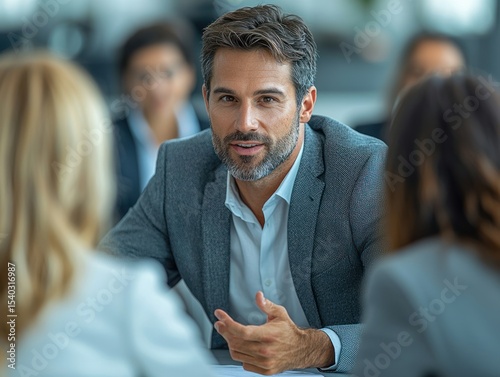 A mid-adult man in business attire sits at a table, engaging in conversation with colleagues during a meeting; shallow depth of field focuses on the man, blurring the background
