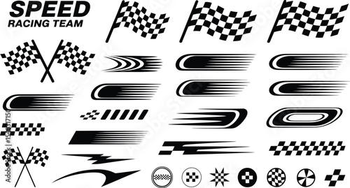 Collection of black and white racing themed graphics including flags and speed lines for team design