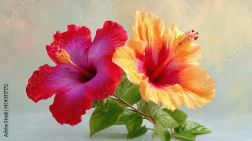 Vibrant Red and Orange Hibiscus Flowers with Green Leaves