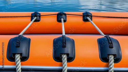 Closeup of a buoyant anchor system attached to the inflatable dock highlighting the ropes and weights that ensure stability against strong coastal currents during rescues.