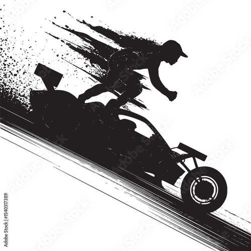 A stylized illustration of a racer jumping onto a blue race car with paint splatter background art