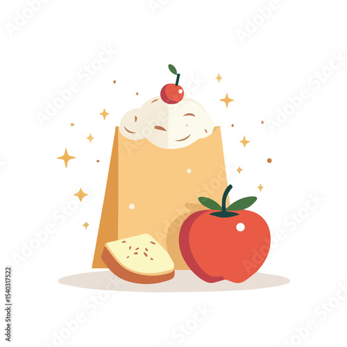 delicious dessert illustration with cake, cherry, apple, and slice of bread on white background