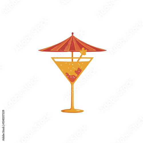 tropical cocktail in martini glass with cheerful mood and decorative umbrella on white background