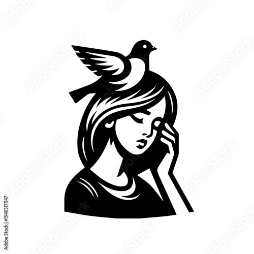 thoughtful woman illustration with pigeon on head expressing contemplation on white background