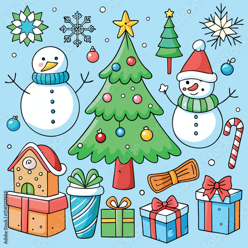 Colorful Winter Holiday Illustration Featuring Snowmen Christmas Tree Gifts and Gingerbread House snowman