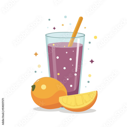 purple drink in glass with cheerful mood and orange fruit on white background