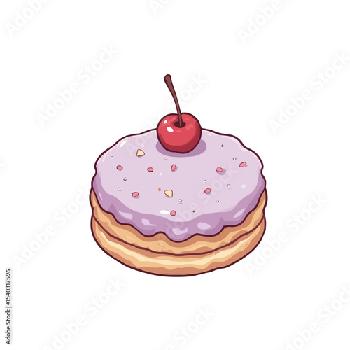 colorful cake illustration with cherry and purple frosting on white background