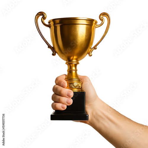 Male Hand Holding Victory Cup for Championship Win isolated on transparent background