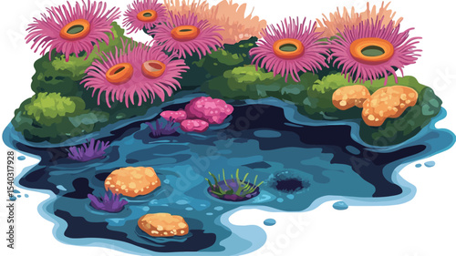 A digital illustration depicting a vibrant coral reef scene. The illustration showcases several types of coral, including prominent pink and orange anemones with visible polyps